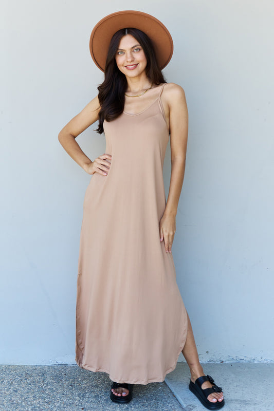 Ninexis Good Energy Full Size Cami Side Slit Maxi Dress in Camel