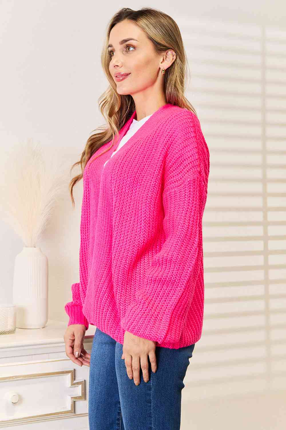 Woven Right Rib-Knit Open Front Drop Shoulder Cardigan